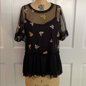 Anthropologie Bee Embroidered Peplum Top